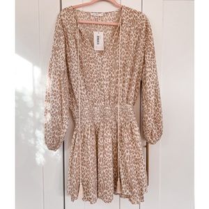 Neutral Leopard Print Smocked Dress With Tassles